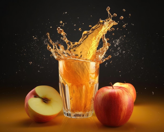 Jus de pomme avec éclaboussures de fruits Apple dans un restaurant de fond de studio avec jardin