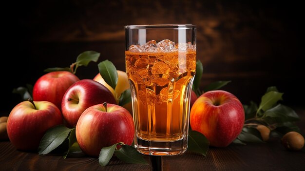 jus de pomme et pommes sur une table en bois sur fond brun