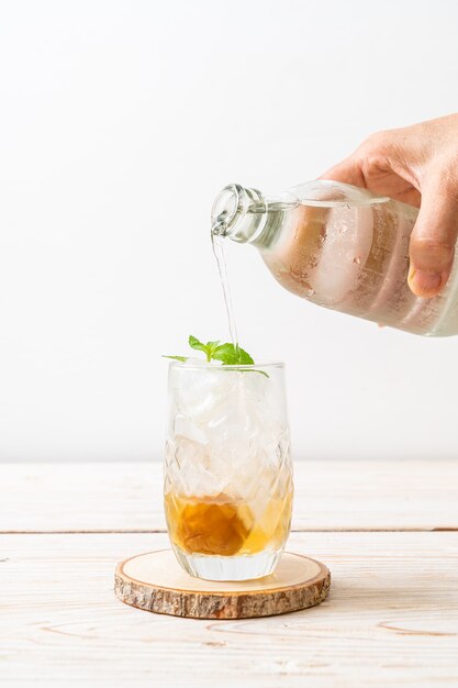 jus de prune glacé avec soda et menthe poivrée