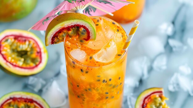 Un jus rafraîchissant de fruit de la passion dans un grand verre avec une paille Le verre est décoré d'une tranche de fruit de La passion et d'un parapluie coloré