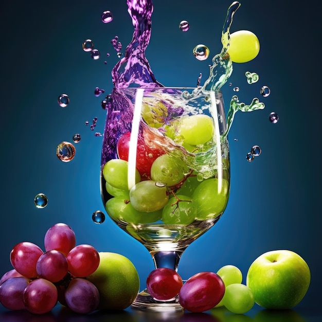 Jus de raisin versé dans un verre entouré de raisin AI générative