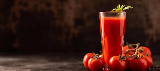 Jus de tomate rafraîchissant dans un verre avec des tomates mûres copier l'espace disponible