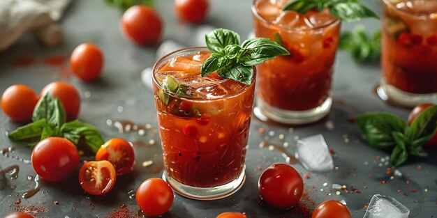 Un jus de tomate de vodka bloqué conservé sur une surface propre avec d'autres éléments tels qu'un plateau en bois et une tomate pour la décoration avec de l'espace pour le texte IA générative