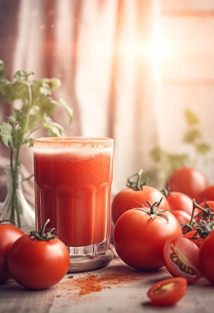 Jus de tomates fraîches et tomates fraîches sur fond rustique