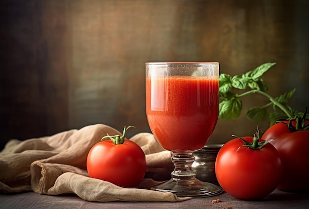 Jus de tomates fraîches et tomates fraîches sur fond rustique