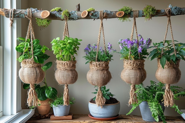 Jute corde macrame plante couvertures sont accrochées à une branche de bois flottant anneaux en bois utilisés comme décor pour