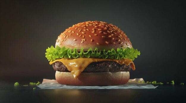 Un juteux cheeseburger avec de la laitue fraîche, de la tomate, du fromage fondu et un pain brillant est tentant sur une surface sombre éclairée par une lumière douce.