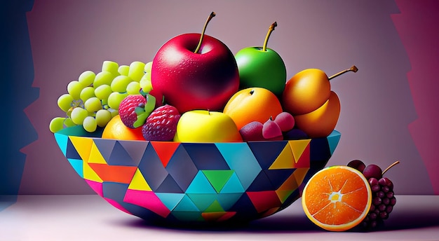 La juxtaposition d'une œuvre d'art géométrique contre un bol débordant de fruits colorés