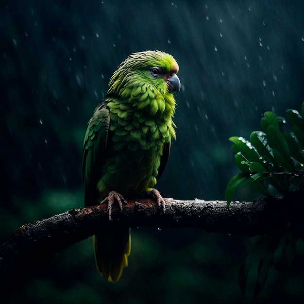 Kakapo perroquet sur une branche forêt mystérieuse éclairage dramatique photo sombre brouillard nocturne