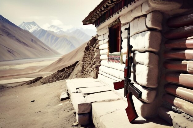 Photo kalashnikov appuyé contre le mur du poste de garde tibet district de kargil