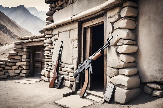 Photo kalashnikov appuyé contre le mur du poste de garde tibet district de kargil