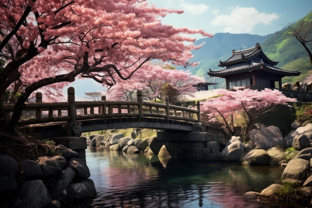 Kamijo Shizuoka Japon Scène rurale avec des cerisiers en fleurs et un pont traditionnel