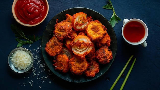 Photo kanda bhaji croustillant ou bhajji ou pyaj pakode ou pakora à l'oignon frit est une nourriture de rue délicieuse.