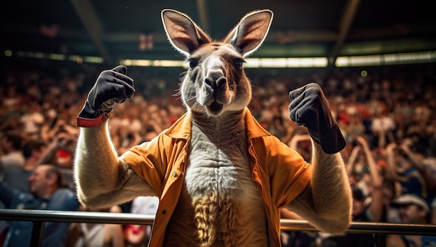 Un kangourou anthropomorphe en gants de boxe lève les mains en signe de victoire