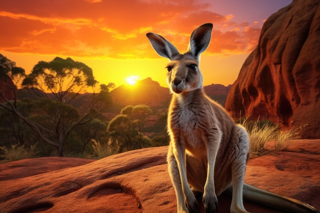 Un kangourou assis sur un rocher dans le désert au coucher du soleil en Australie