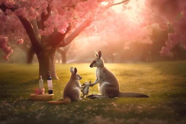 Un kangourou et une bouteille de vin sont sous un arbre