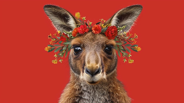 Un kangourou avec une couronne de fleurs rouges et jaunes sur la tête regarde la caméra avec une expression curieuse