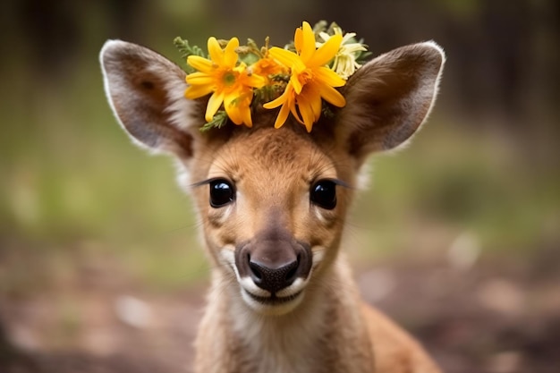 un kangourou avec une couronne de fleurs sur la tête