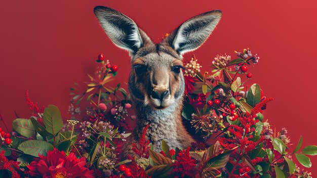 Un kangourou est assis dans un champ de fleurs rouges le kangourou regarde la caméra