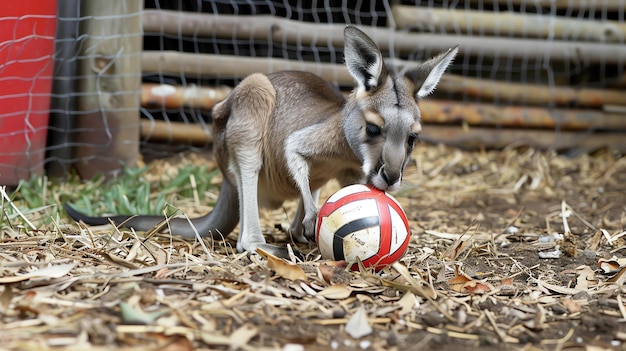 Un kangourou étudie avec curiosité un ballon de football dans son enclos au zoo.