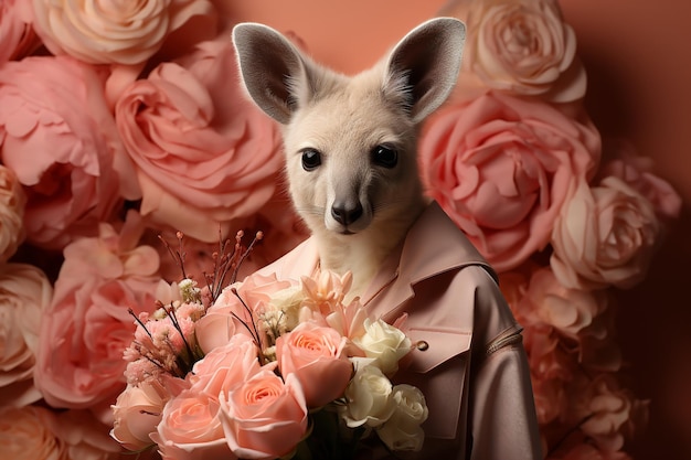 Un kangourou mignon avec un bouquet de fleurs et un sac sur un fond rose clair et floral