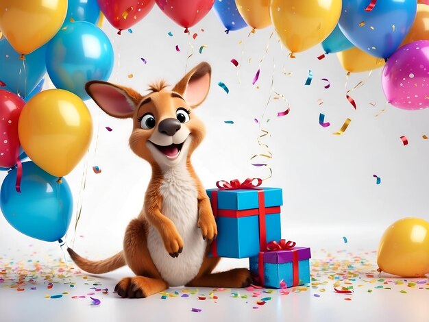 Un kangourou mignon souriant à la fête avec des présents de ballons et des confettis isolés sur un fond blanc