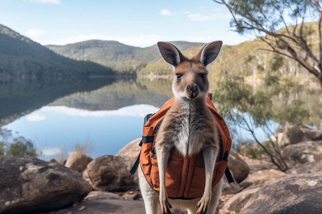 Kangourou avec sac à dos debout IA générative