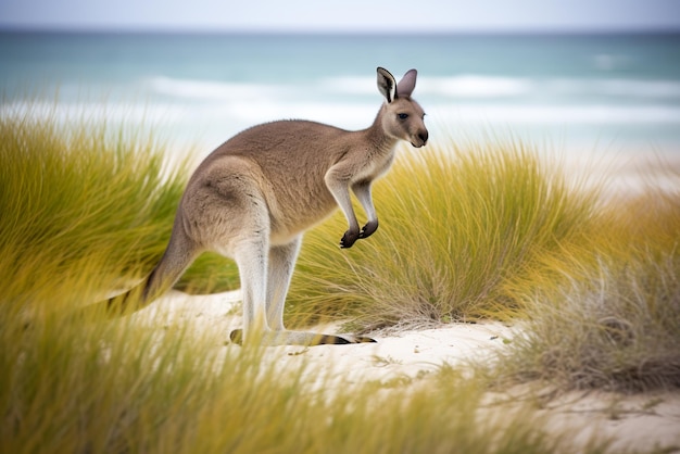 Kangourou sautant sur la plage Île Kangourou Generative AI