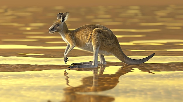 Un kangourou se tient au bord d'un plan d'eau le kangourou est brun et l'eau reflète le ciel qui est orange vif