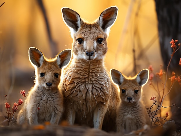 un kangourou avec ses petits dans un champ de fleurs