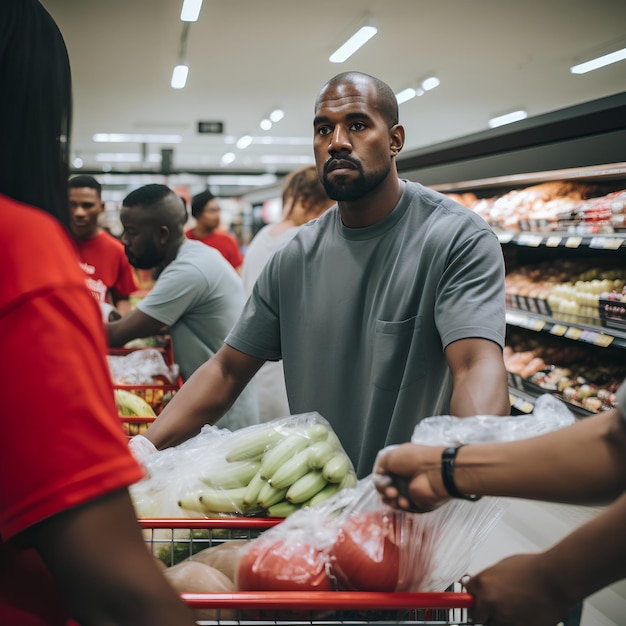 Photo kanye west travaille au supermarché avec des clients bizarres