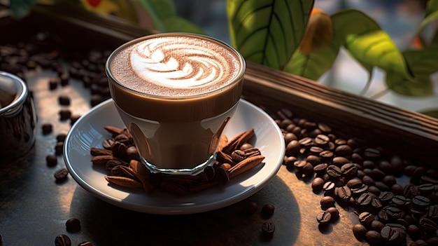 Kapuchino avec l'image de feuilles de cacao sur la surface