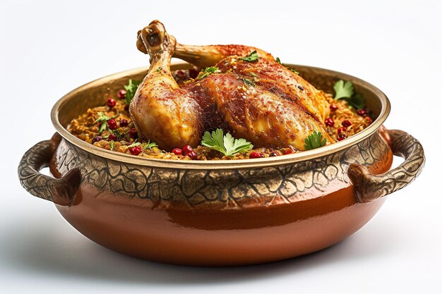 Karahi de poulet savoureux dans un plat isolé sur un fond blanc