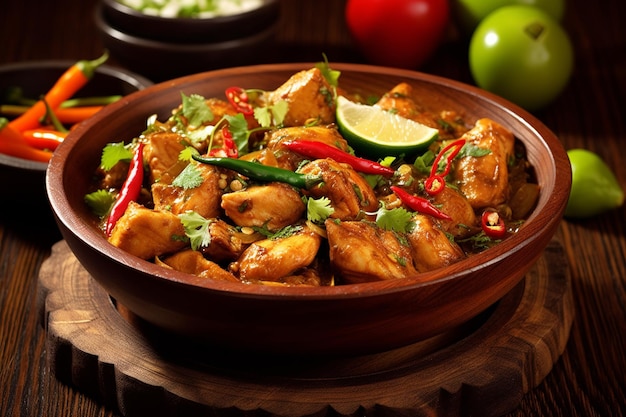 Photo le karahi de poulet savoureux et délicieux dans un bol traditionnel isolé sur le fond de la table