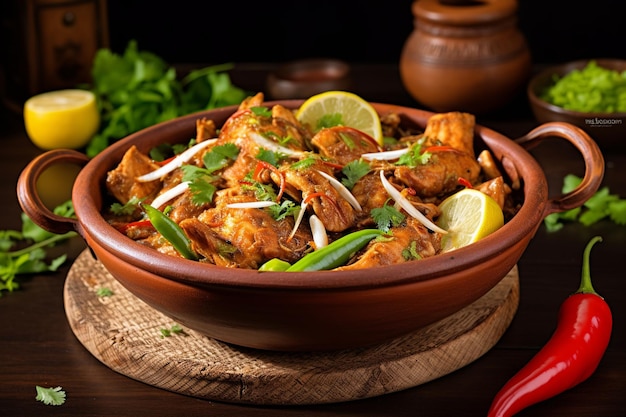 Photo le karahi de poulet savoureux et délicieux dans un bol traditionnel isolé sur le fond de la table