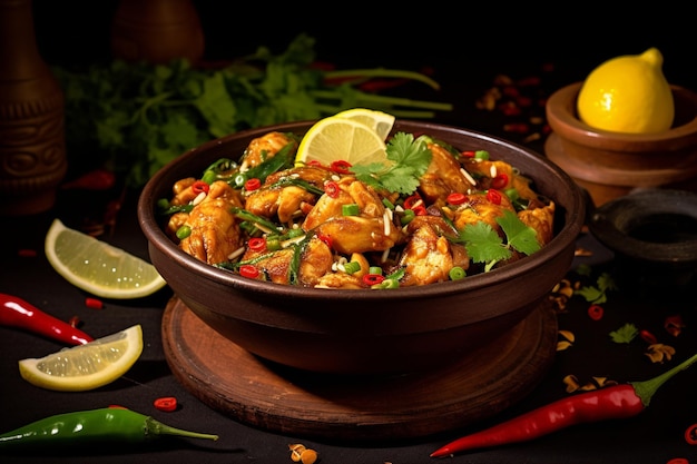 Photo le karahi de poulet savoureux et délicieux dans un bol traditionnel isolé sur le fond de la table