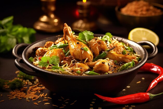 Photo le karahi de poulet savoureux et délicieux dans un bol traditionnel isolé sur le fond de la table