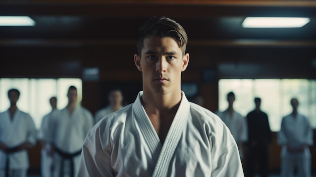 Un karaté, un entraîneur d'art martial asiatique dans une salle de dojo, un jeune homme portant un kimono blanc et une ceinture noire.