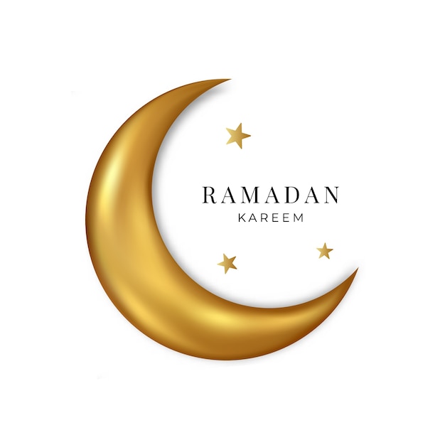 Kareem Ramadan. Lune 3d or et étoiles isolés sur fond blanc. Vecteur.