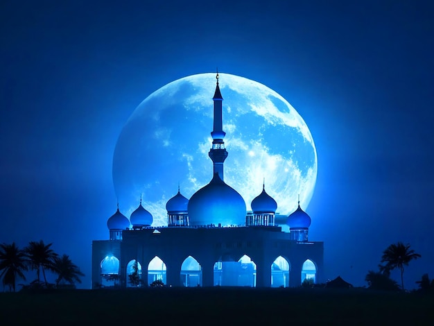 Kartu Eid Mubarak Masjid Kubah Siluet di malam hari dengan bulan sabit image