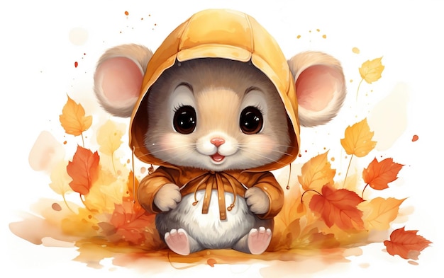 Kawaii bébé souris automne arrière-plan en aquarelle style génératif Ai