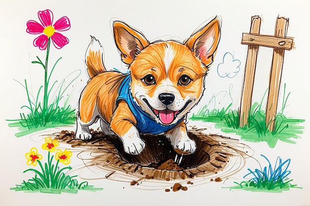 Photo kawaii chien creusant tee adorable huskybeagleterrier dessin animé creusant dans le jardin plein d'arrière-plan blanc