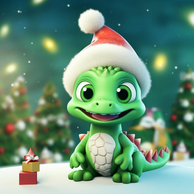 Kawaii dragon vert en chapeau de père Noël sur fond d'hiver illustration génération AI