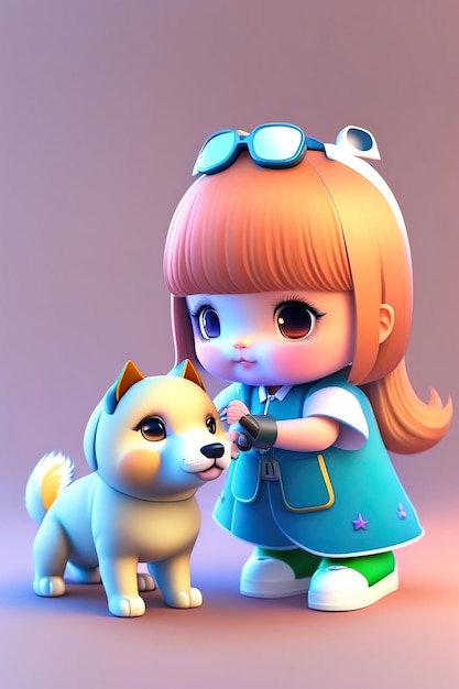 Kawaii jolie fille avec illustration 3d de personnage d'anime de chien