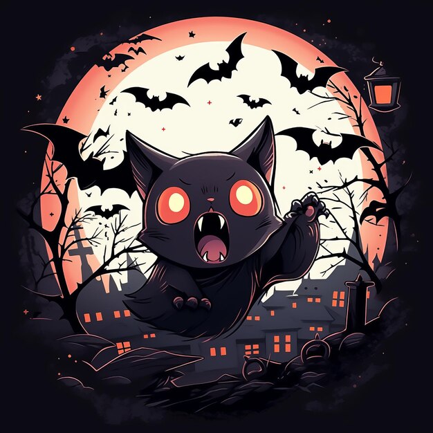 Kawaii Nightmares Une Halloween délicieusement effrayante avec un mignon mais effrayant chat pleine lune et chauves-souris