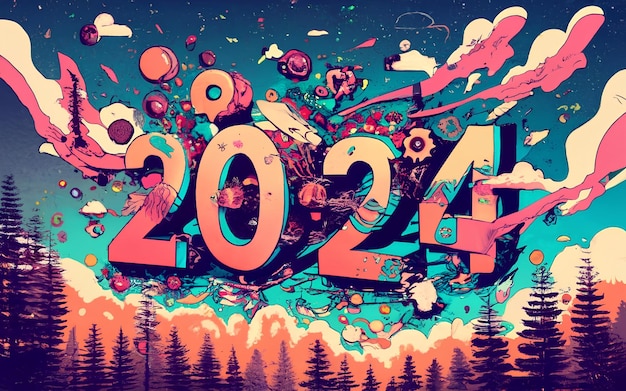 Kawaii Nouvel An 2024 Arrière-plan Pastel Bonne année à vous 2024 À l'arrière-plan