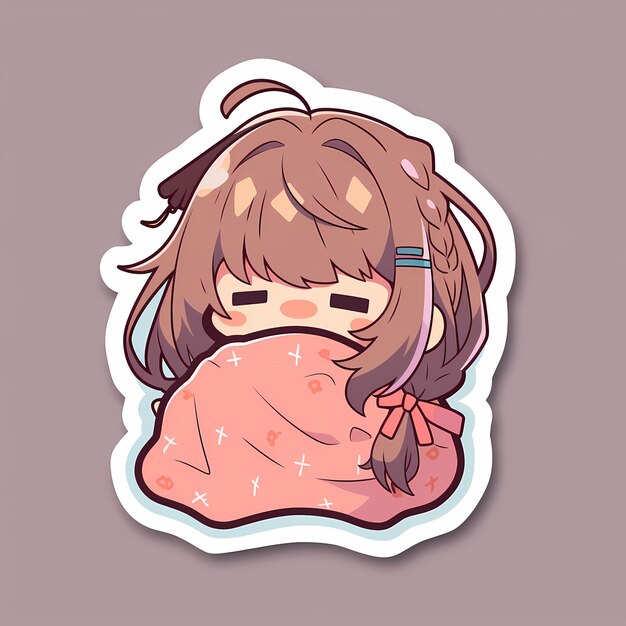 Kawaii Sleepy Blanket Girl Chibi Anime Vector Art Sticker avec Clean Bold Line Cute Simple Digital