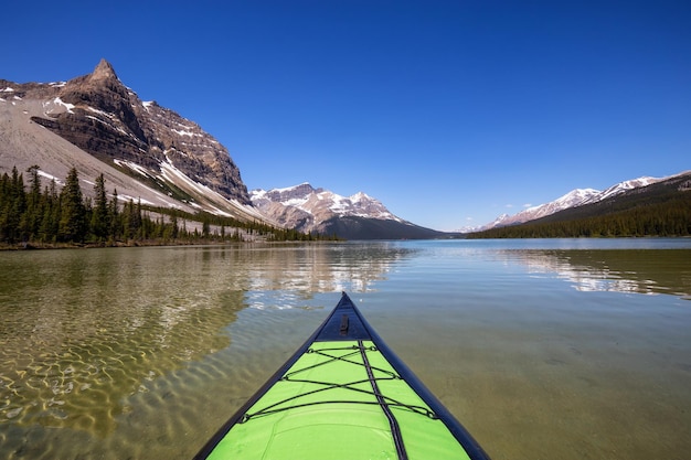 Kayak dans un lac glaciaire lors d'une journée d'été ensoleillée et animée