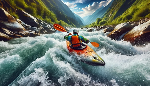 en kayak dans une rivière rapide d'eau blanche dans les montagnes