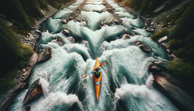 en kayak dans une rivière rapide d'eau blanche dans les montagnes